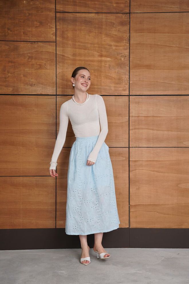 Topshow Blue A Line High Waist Midi Skirt Wholesale Clothing Work