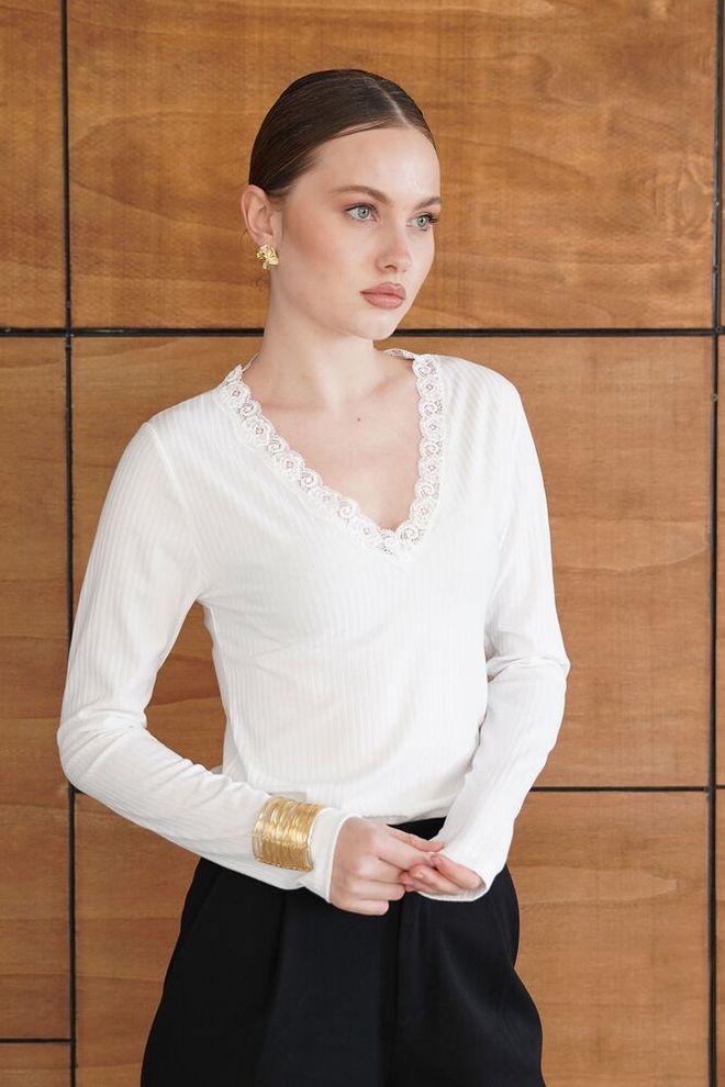 Topshow White Elegant Slim Fit V Neck Blouse Wholesale Clothing Modest