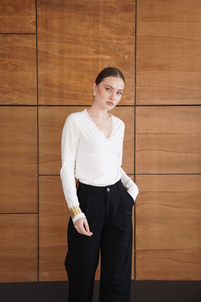 Topshow White Elegant Slim Fit V Neck Blouse Wholesale Clothing Lounge