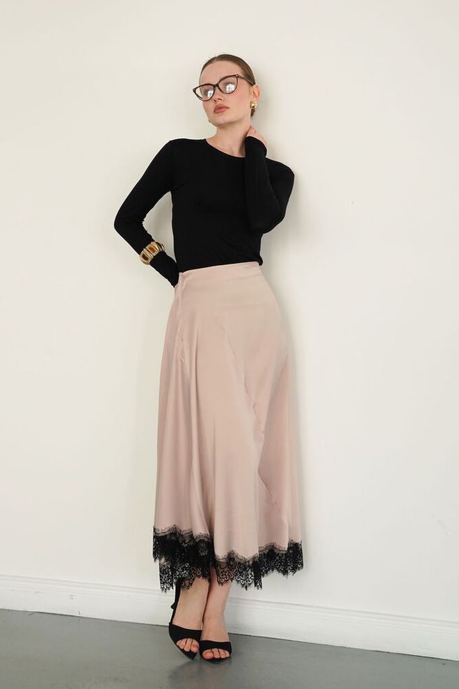 Topshow جيبة بيج عالية الخصر ماكسي متوهج أنيق رسمي قديم جذاب رجعي ملابس بالجملة كلاسيكي