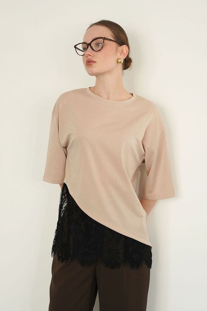 Topshow Beige Blouse Casual Elegant Modest Half Sleeve Wholesale Clothing Modest