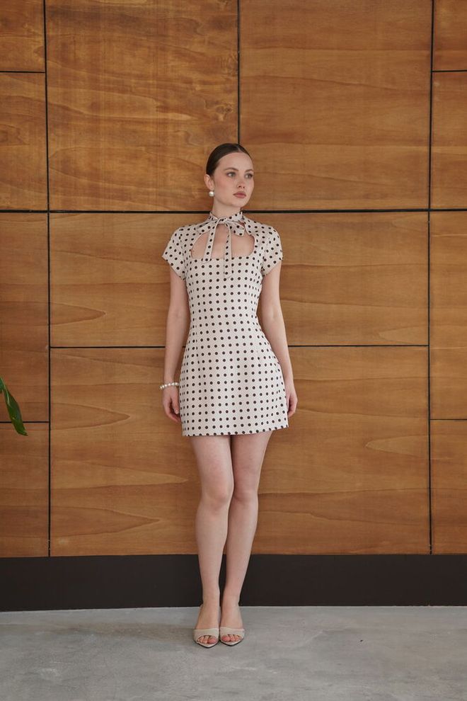 Topshow Винтажное Бежевое Мини платье В Горошек А силуэта Оптовая продажа одежды 1