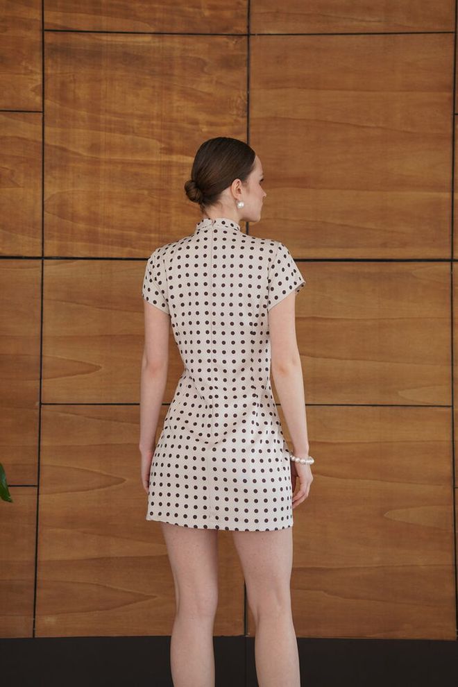 Topshow Винтажное Бежевое Мини платье В Горошек А силуэта Оптовая продажа одежды Формальный