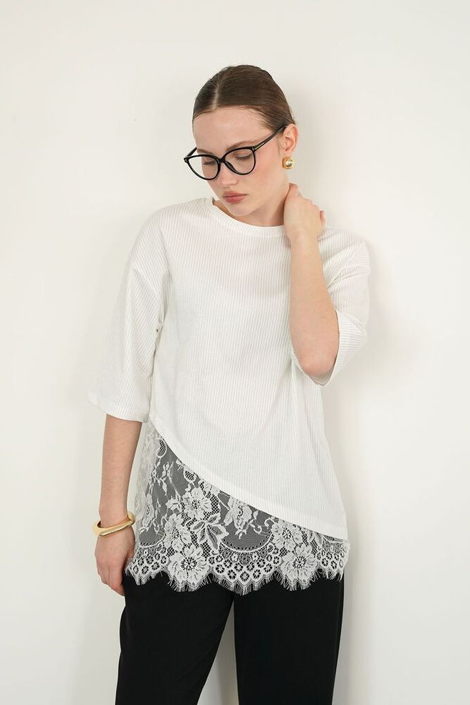 Topshow White Blouse With Floral & Plain Design Half Sleeve Wholesale Clothing Modest