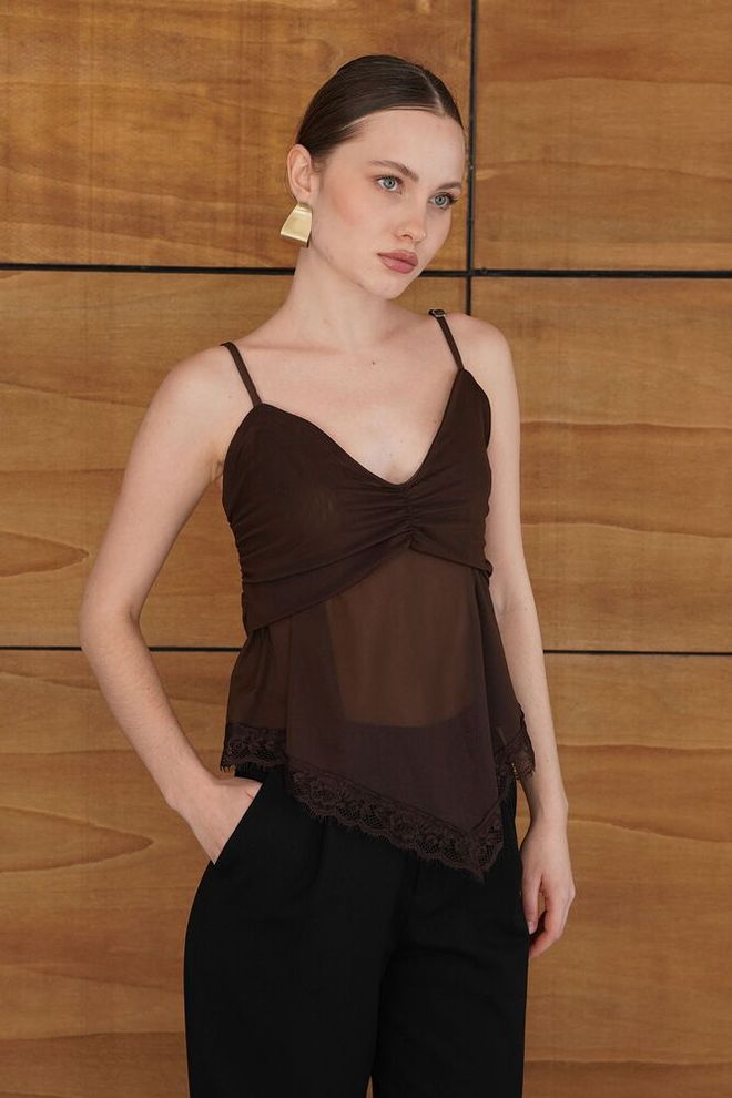 Topshow Smeđa Uska Bluza S V izrezom Bez Rukava Veleprodaja odjeće Ležerni