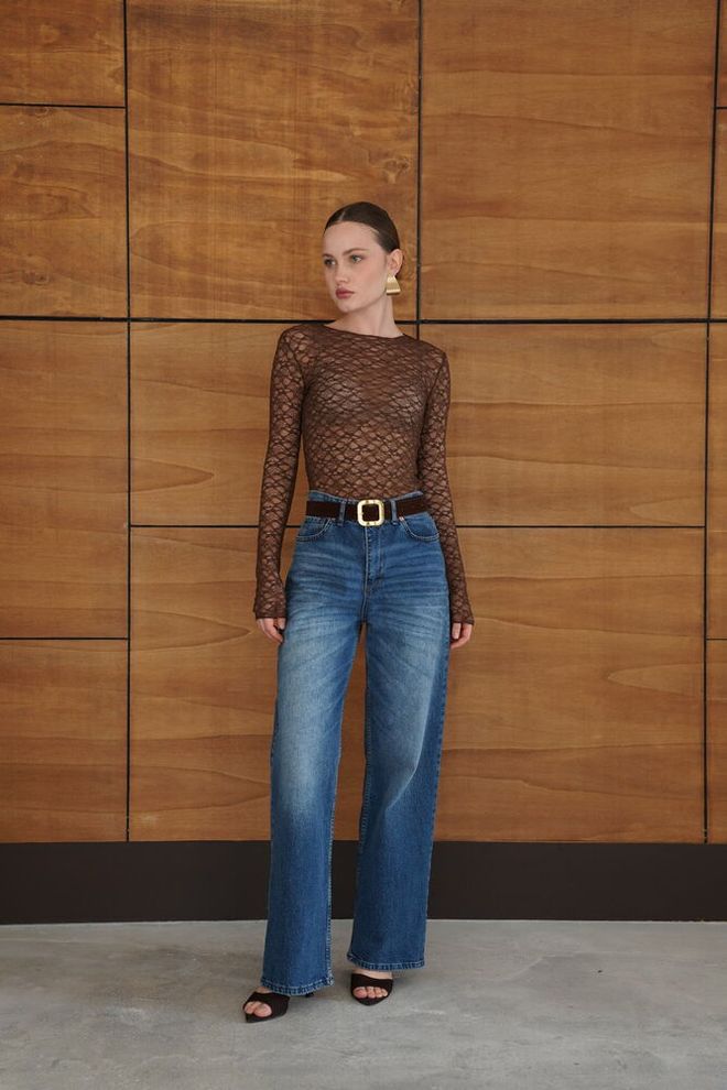 Topshow Brown Slim Fit Long Sleeve Blouse With Round Neck Wholesale Clothing Work