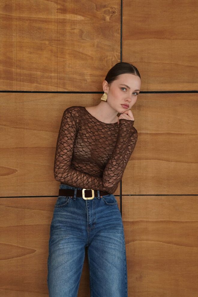 Topshow Brown Slim Fit Long Sleeve Blouse With Round Neck Wholesale Clothing 1