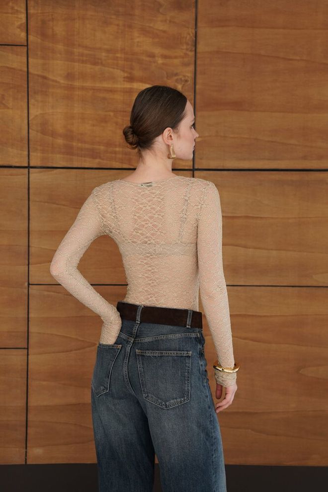 Topshow Beige Slim Fit Blouse With Long Sleeves Wholesale Clothing Sexy