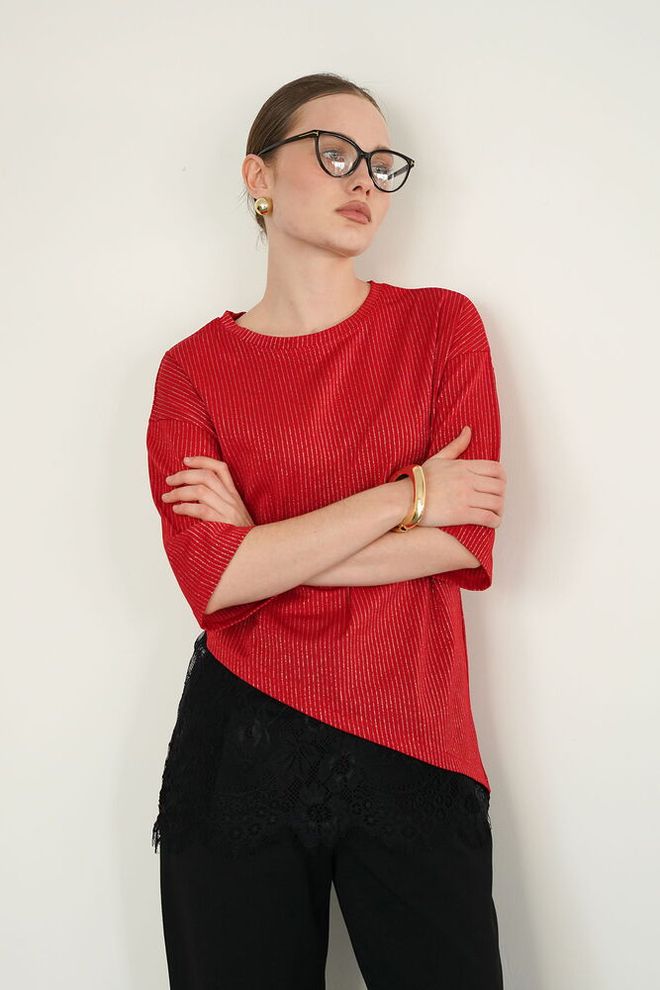 Topshow Red Striped Blouse With 3/4 Sleeves Wholesale Clothing Casual