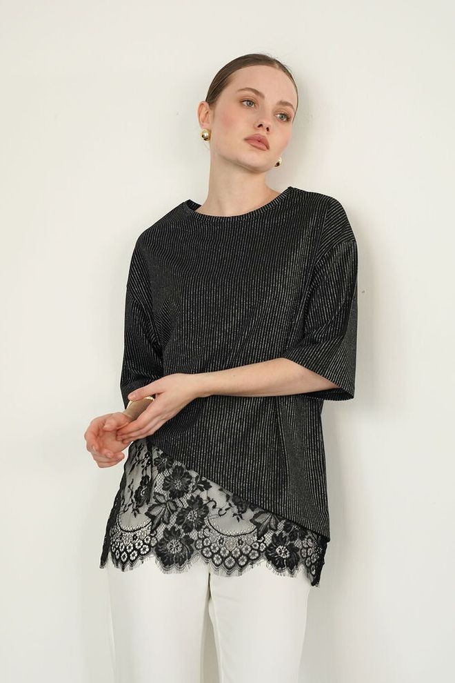 Topshow Elegant Black Blouse With Striped Floral Design Wholesale Clothing Casual