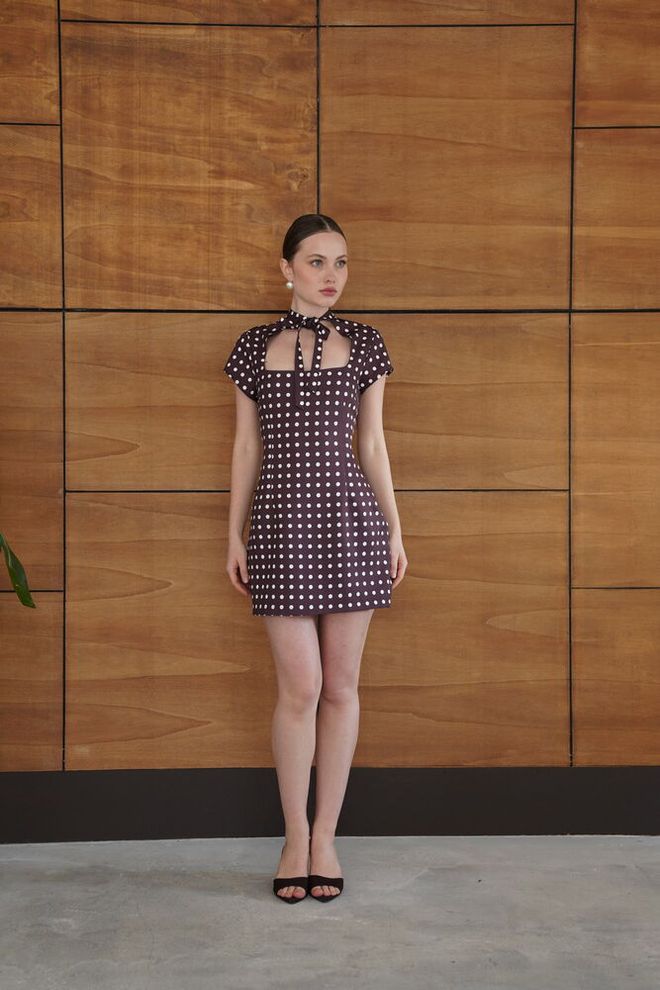 Topshow Коричневое Ретро Мини Платье оболочка В Горошек Оптовая продажа одежды 1