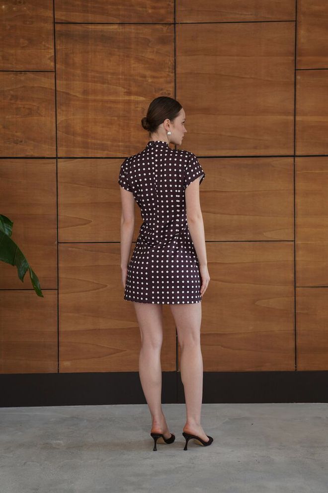 Topshow Коричневое Ретро Мини Платье оболочка В Горошек Оптовая продажа одежды Винтаж