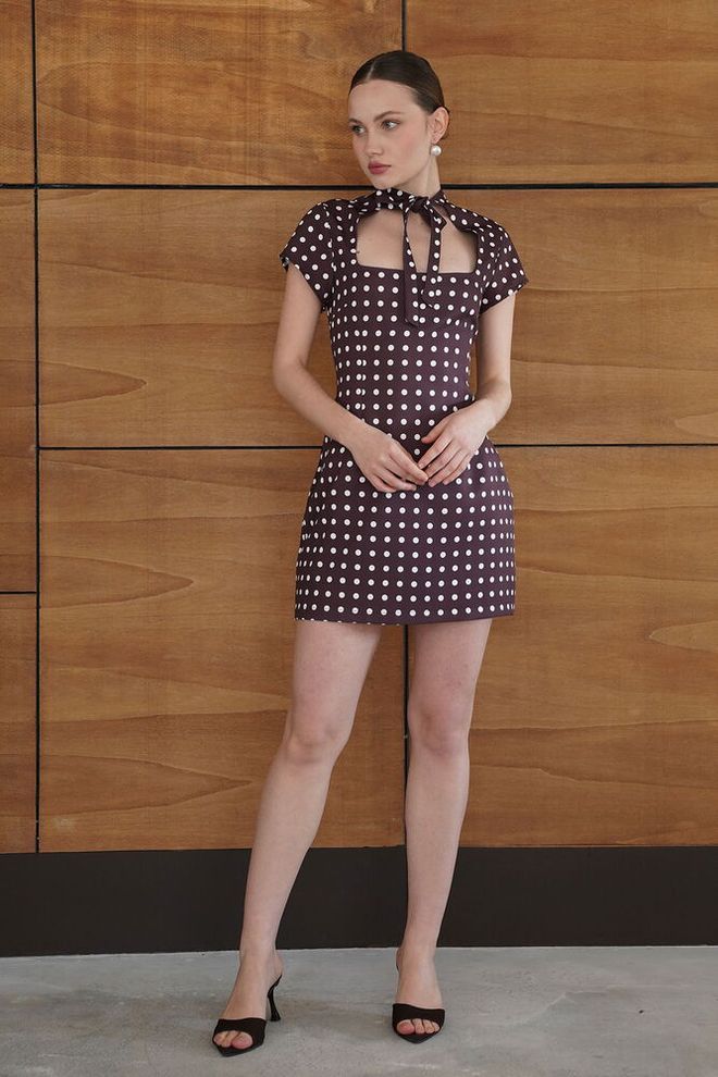 Topshow Браон Ретро Мини Хаљина Омотач Са Тачкама Велепродаја одеће Неформалан