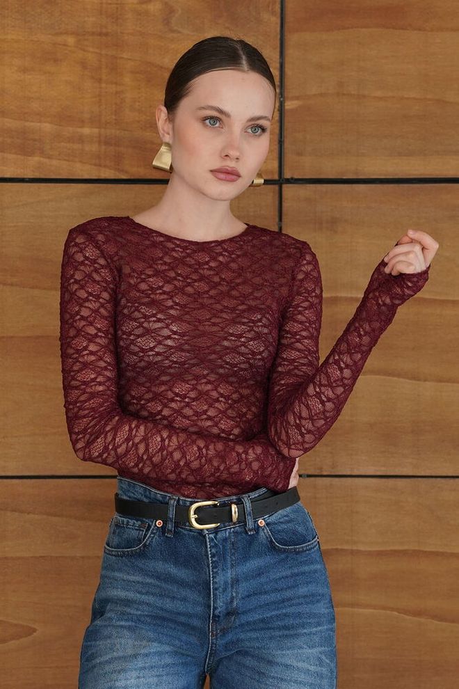 Topshow Блуза Бордо Црвена Слим Фит Дуги Рукав Велепродаја одеће Неформалан