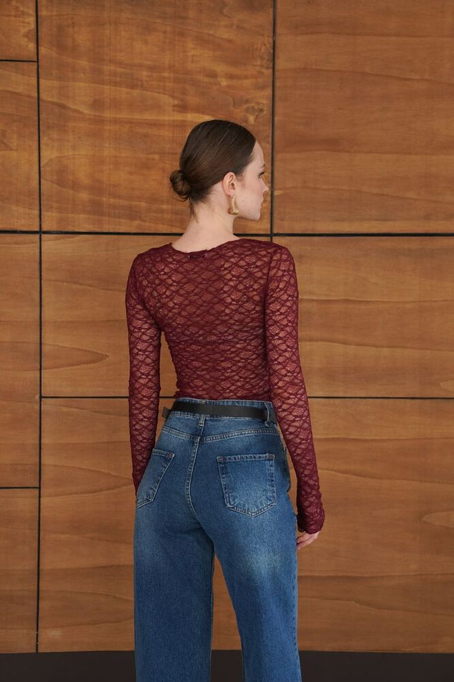 Topshow Claret Red Slim Fit Long Sleeve Blouse Wholesale Clothing Sexy