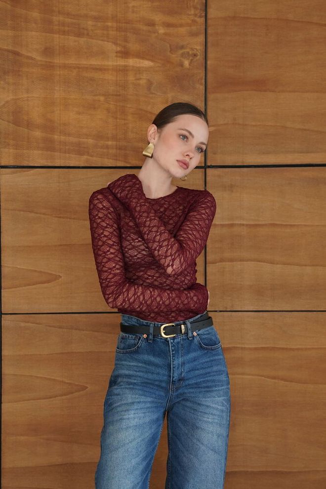 Topshow Claret Red Slim Fit Long Sleeve Blouse Wholesale Clothing 1