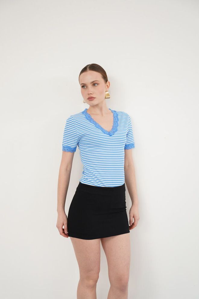 Topshow Blue Casual Slim Fit V Neck Blouse Wholesale Clothing Lounge