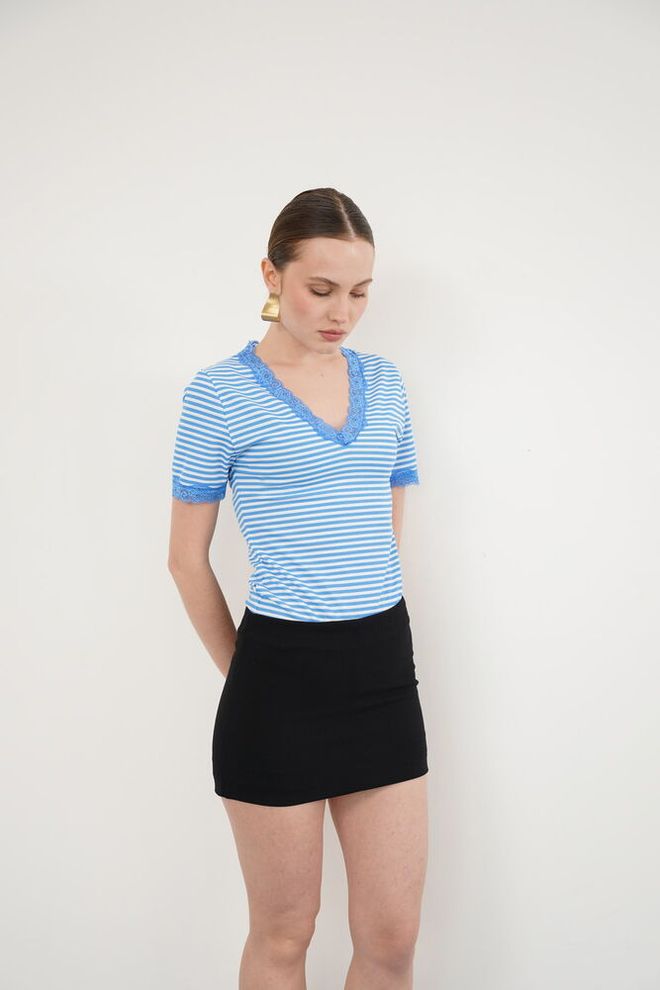 Topshow Blue Casual Slim Fit V Neck Blouse Wholesale Clothing 1