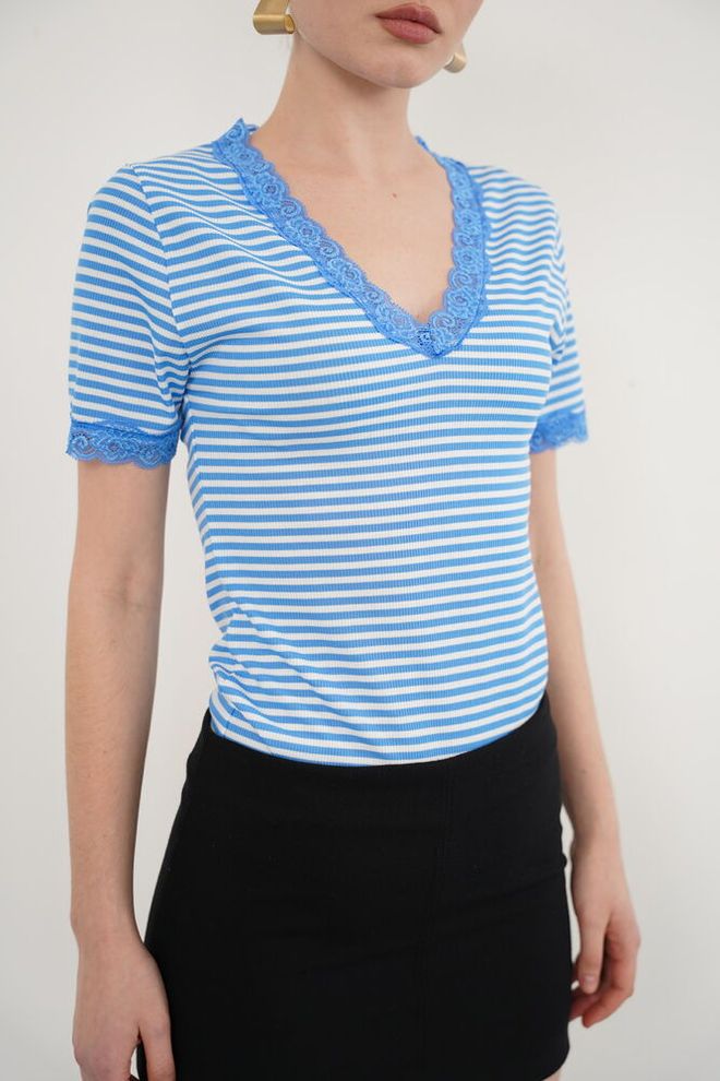 Topshow Blue Casual Slim Fit V Neck Blouse Wholesale Clothing Spring