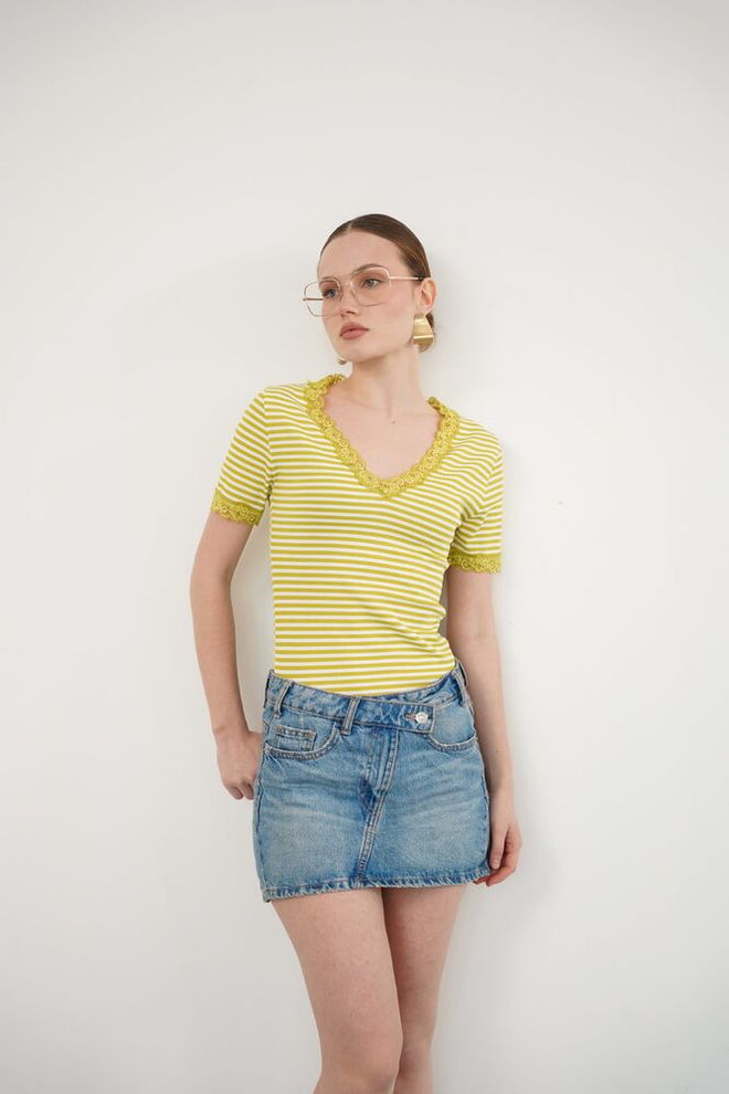 Topshow Yellow Striped Slim Fit V Neck Blouse Wholesale Clothing Lounge