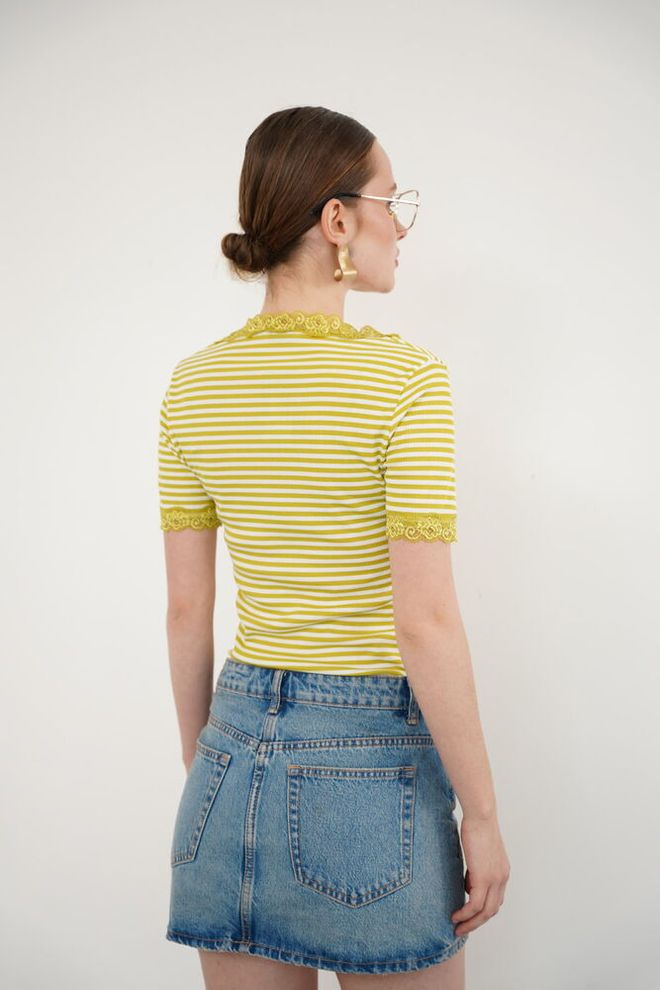Topshow Yellow Striped Slim Fit V Neck Blouse Wholesale Clothing Vintage