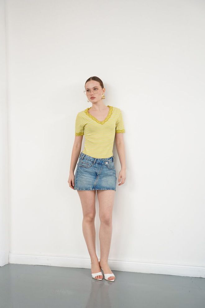 Topshow Yellow Striped Slim Fit V Neck Blouse Wholesale Clothing 1