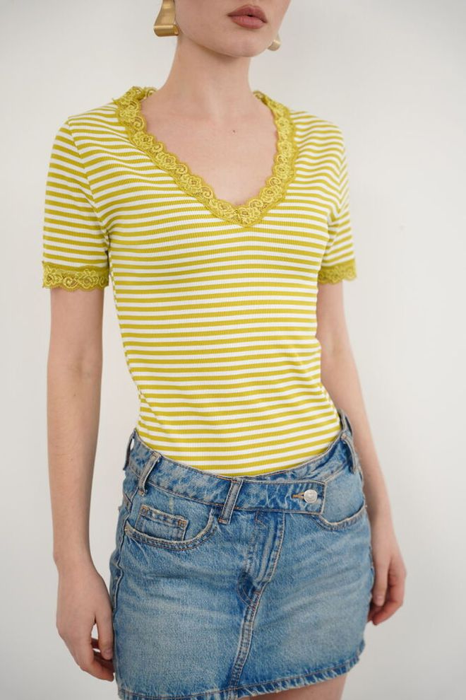 Topshow Yellow Striped Slim Fit V Neck Blouse Wholesale Clothing Spring