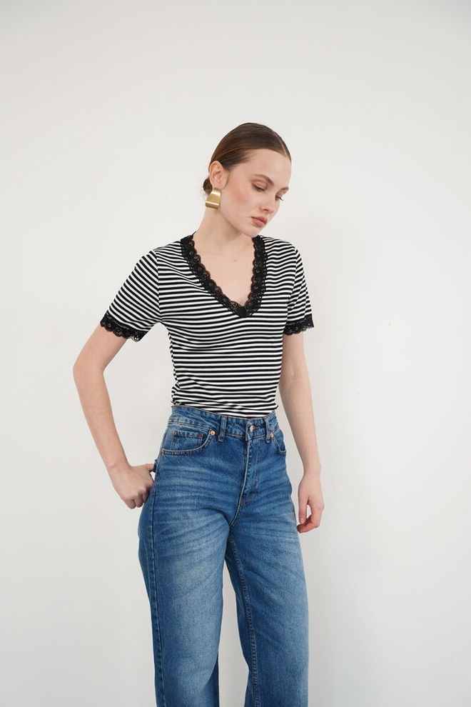 Topshow Black Striped V Neck Slim Fit Blouse Wholesale Clothing 1