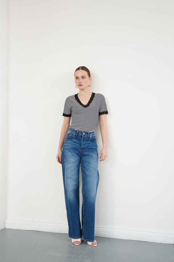 Topshow Black Striped V Neck Slim Fit Blouse Wholesale Clothing Lounge