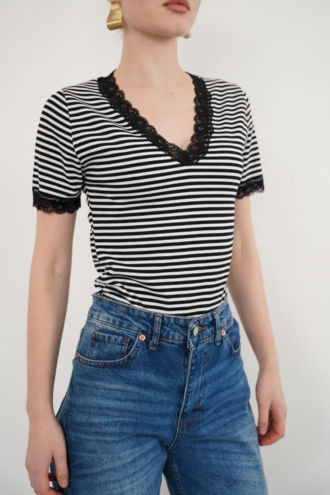 Topshow Black Striped V Neck Slim Fit Blouse Wholesale Clothing Spring
