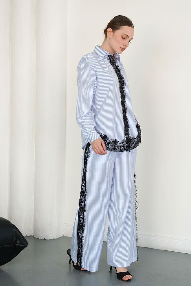 Topshow Mavi Zarif Palazzo Pantolon Toptan Giyim Gündelik