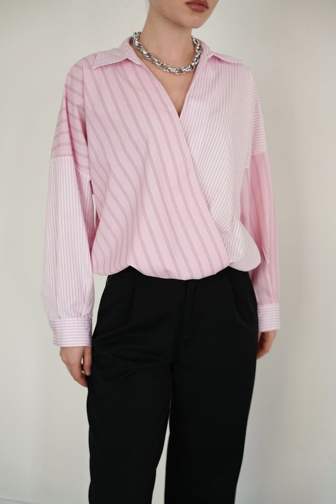 Topshow Pink Striped Oversized Fit Shirt With Notched Neck Wholesale Clothing Spring