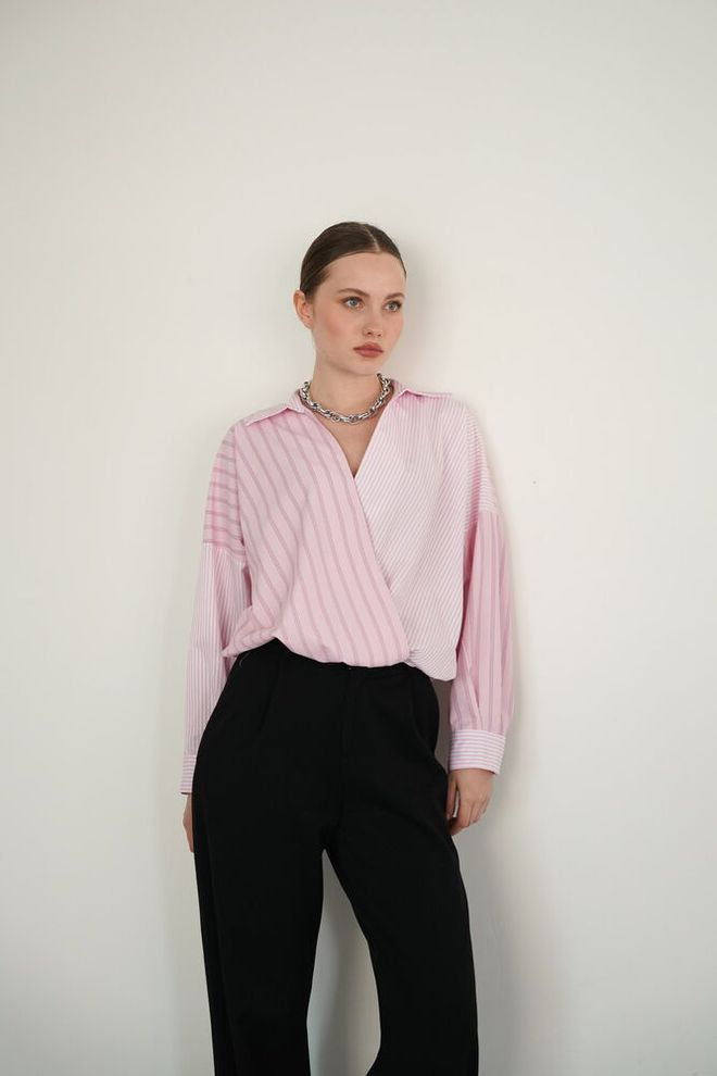 Topshow Pink Striped Oversized Fit Shirt With Notched Neck Wholesale Clothing 1