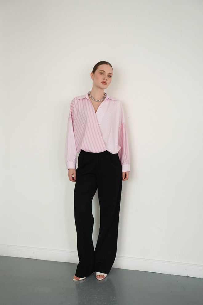 Topshow Pink Striped Oversized Fit Shirt With Notched Neck Wholesale Clothing Lounge