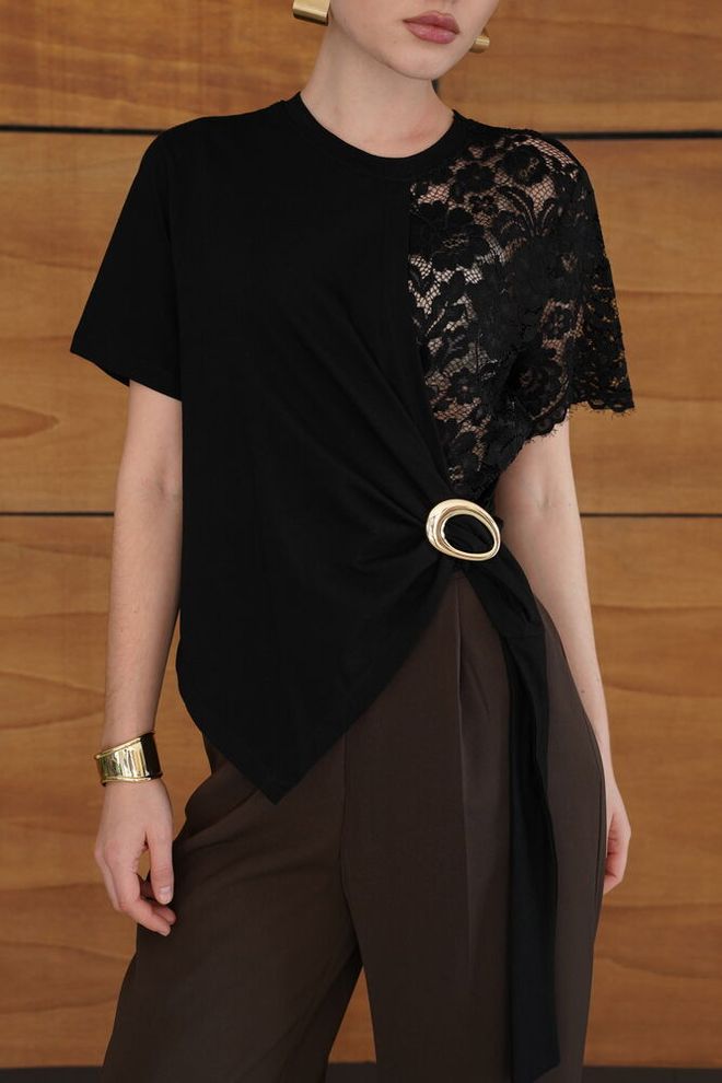 Topshow Элегантная Черная Блузка С Круглым Вырезом И Короткими Рукавами Оптовая продажа одежды Работа