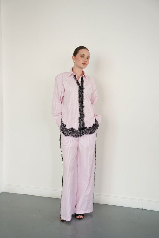 Topshow Pink Striped Elegant Buttoned Polo Neck Shirt Wholesale Clothing 1