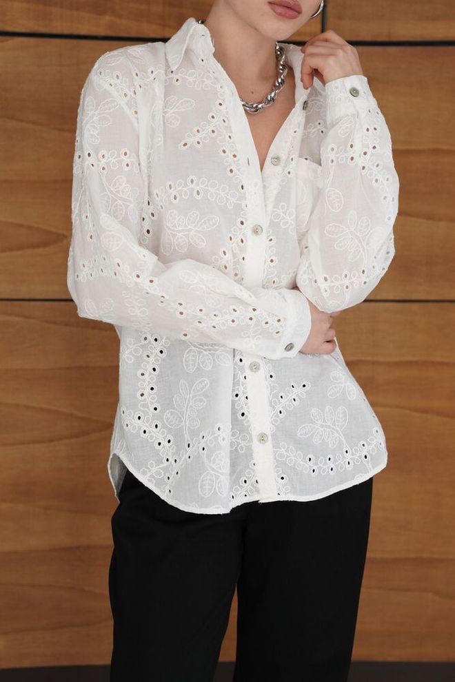 Topshow White Floral Notched Neck Shirt Wholesale Clothing Spring