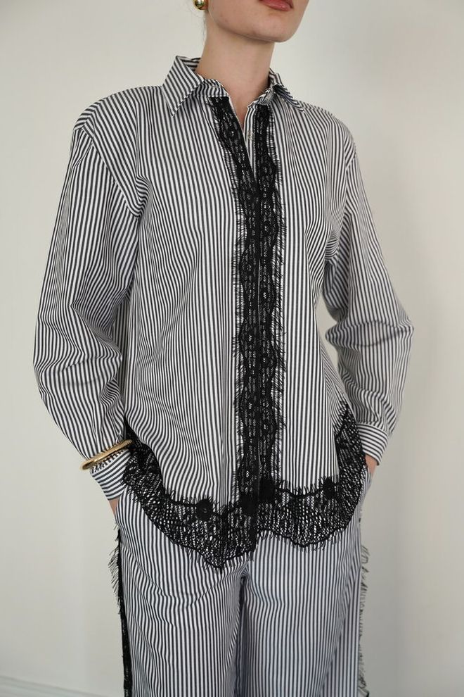 Topshow Black Elegant Striped Buttoned Shirt Wholesale Clothing Spring