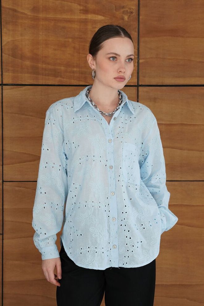 Topshow Синяя Рубашка С Цветочным Узором И Шалевым Воротником Оптовая продажа одежды Повседневный