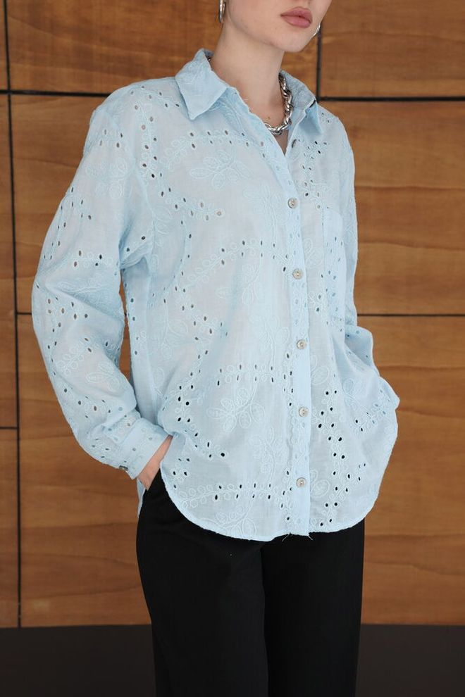 Topshow Blue Shirt With Floral Pattern And Shawl Collar Wholesale Clothing Spring