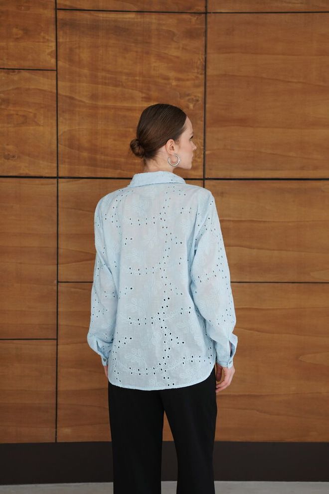 Topshow Blue Shirt With Floral Pattern And Shawl Collar Wholesale Clothing Formal