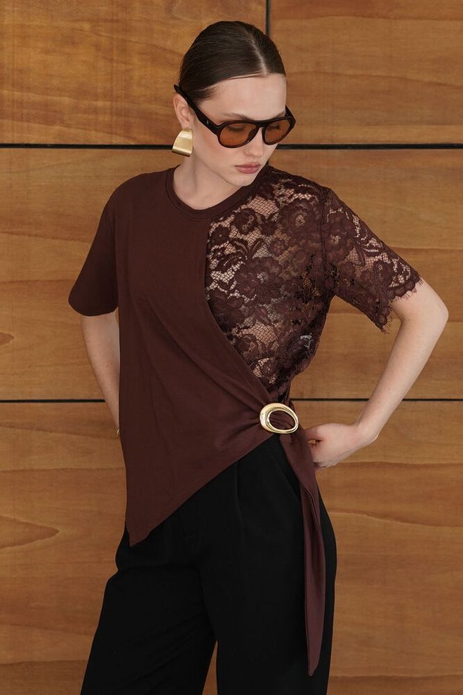 Topshow بلوزة بني أنيقة عادية رسمية بريق عتيقة عتيقة ملابس بالجملة غير رسمي