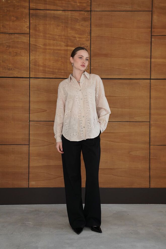 Topshow Beige Elegant Buttoned Polo Neck Shirt Wholesale Clothing 1