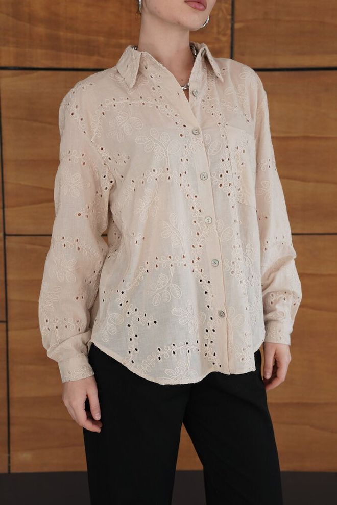 Topshow Beige Elegant Buttoned Polo Neck Shirt Wholesale Clothing Spring