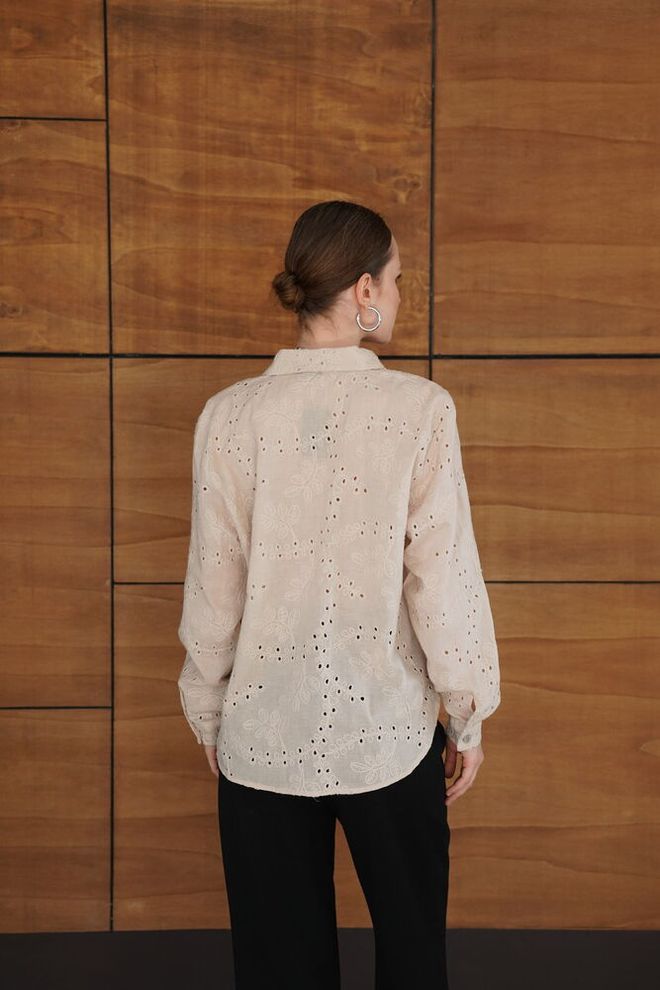 Topshow Beige Elegant Buttoned Polo Neck Shirt Wholesale Clothing Casual