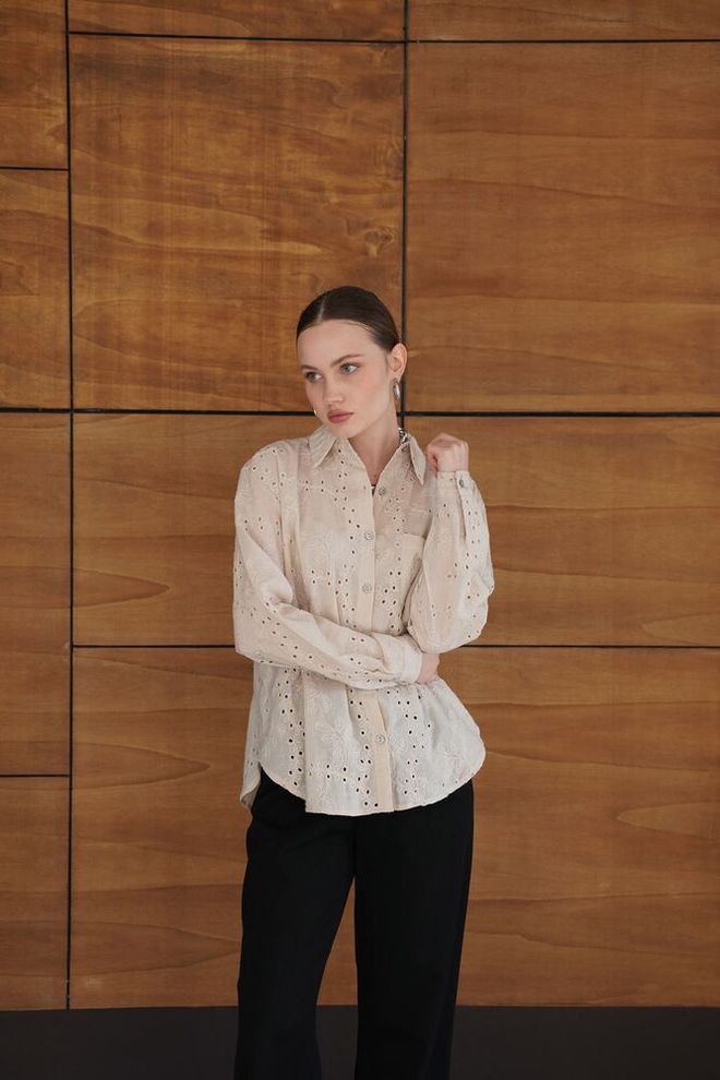 Topshow Beige Elegant Buttoned Polo Neck Shirt Wholesale Clothing Work