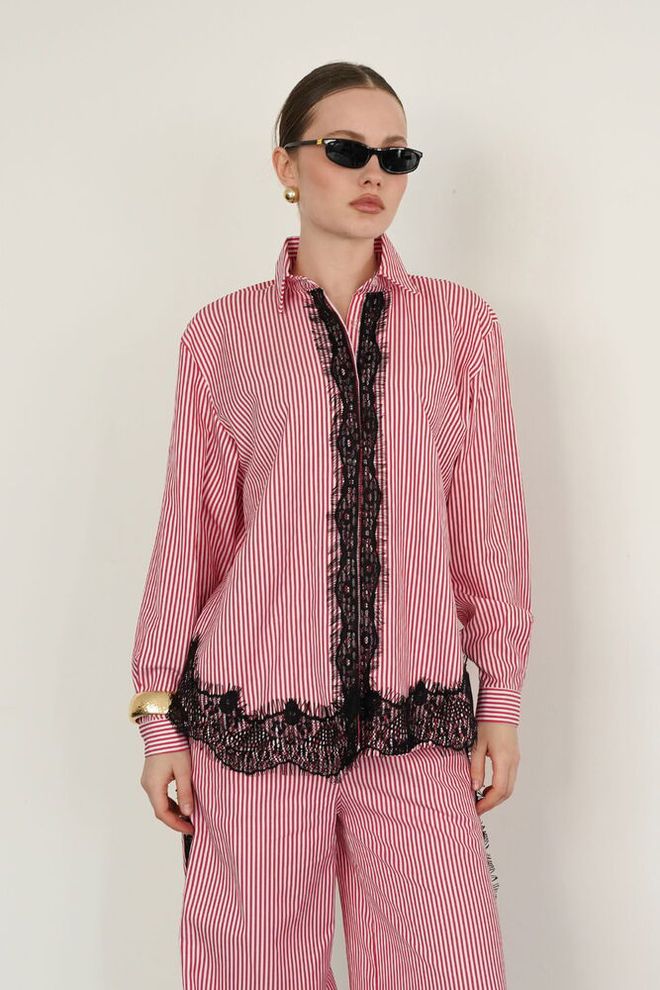 Topshow Red Casual Elegant Formal Grandad Neck Shirt Wholesale Clothing Work