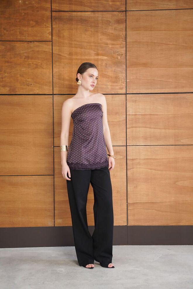 Topshow Claret Red Strapless Polka Dot Blouse Wholesale Clothing 1