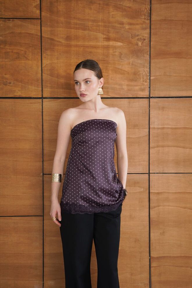 Topshow Claret Red Strapless Polka Dot Blouse Wholesale Clothing Work