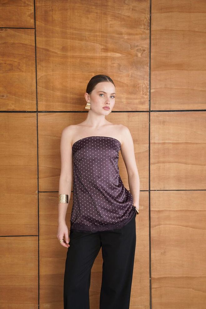 Topshow Claret Red Strapless Polka Dot Blouse Wholesale Clothing Sexy